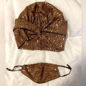 Tan/ Beige Sequined turban with matching mask